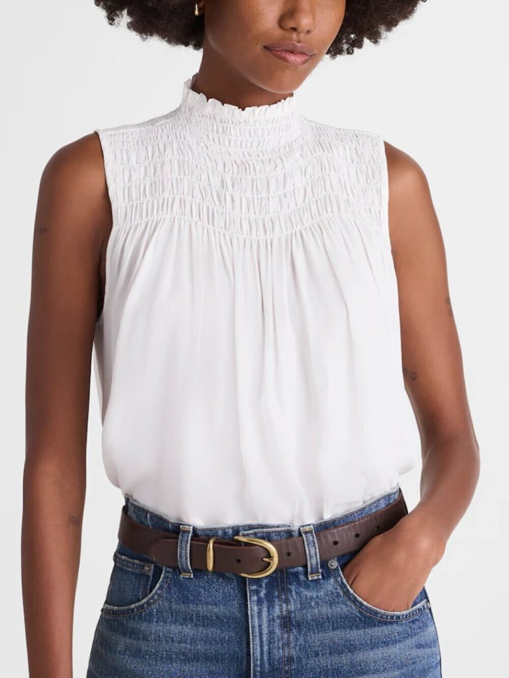 Madewell Smocked Mockneck Silk Like Sleeveless Top White Size XL NWT